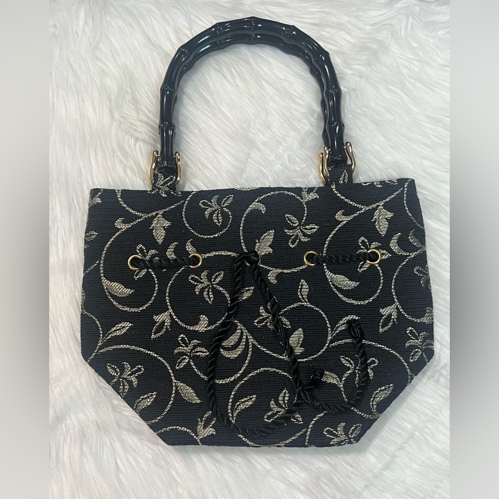 Talbots Black & Gold Metallic Brocade Sack Style Handbag 🖤